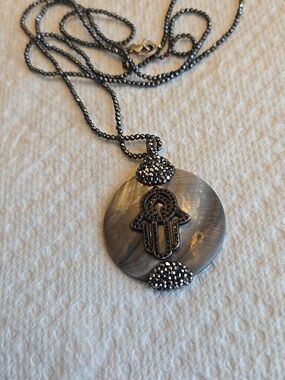 Hamsa Hand Pendant On Hematite Beaded Chain